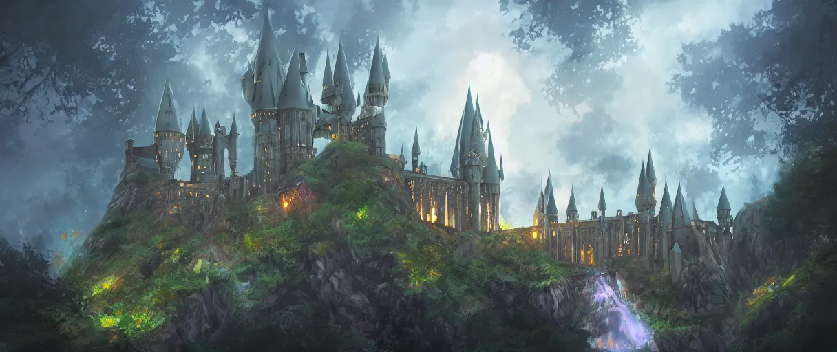 Image similar to hogwarts type castle in the forest behind a garden, concept art, digital painting, style of jordan grimmer, warm lighting, futuristic, volumetric lighting, view from below, vivid colours, bright, daytime, godrays, high detail