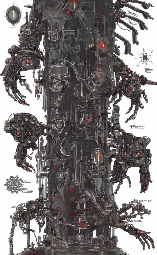 Image similar to anatomy of the terminator, robot, cyborg, t100, bloodborne diagrams, mystical, intricate ornamental tower floral flourishes, technology meets fantasy, map, infographic, concept art, art station, style of wes anderson