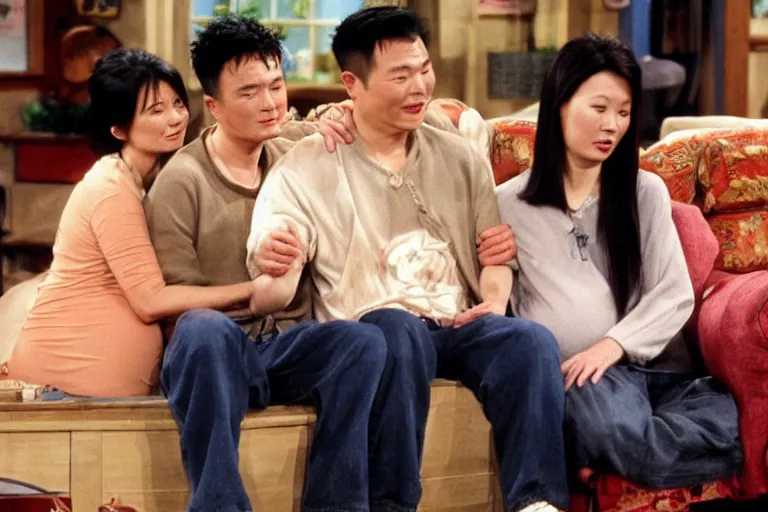 Prompt: A pregnant Chinese man guest starring on Friends