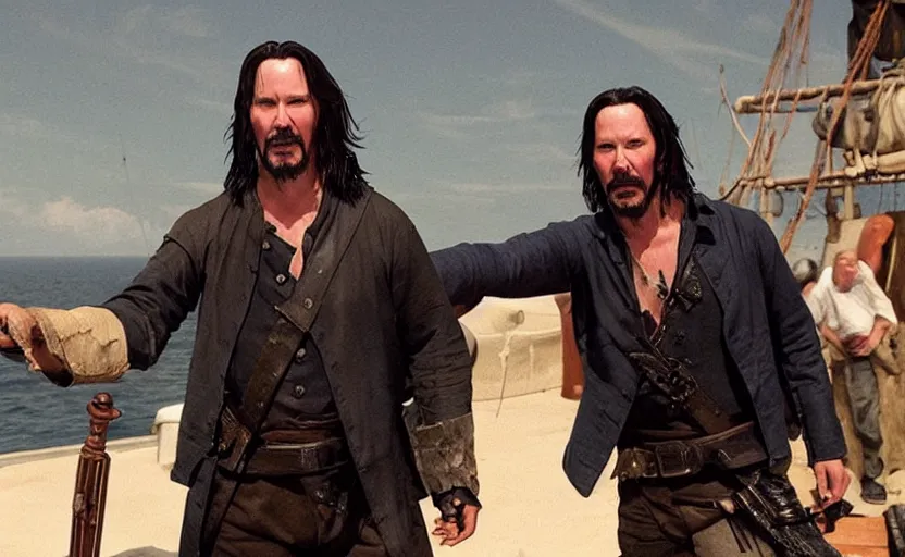 Image similar to Keanu reeves in a role of Sea of thieves Pirate, film still