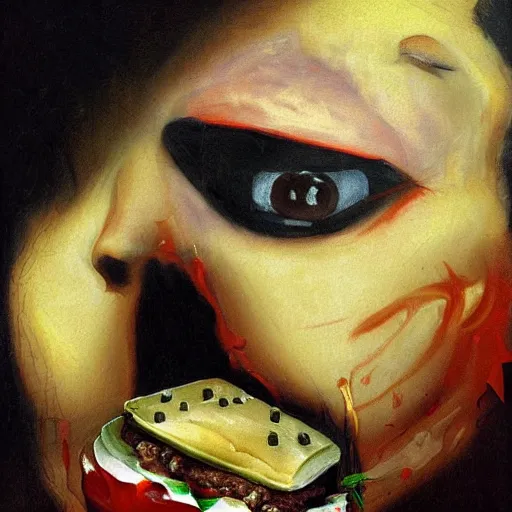 Image similar to terrifying portrait of Mila Kunis emerging from the dark void eating burger, face partially melting, figure in the darkness of renaissance, serving big macs, covered in ketchup,Francisco Goya, painted by John Singer Sargant, Adrian Ghenie, style of Francis Bacon, highly detailed, 8k, trending on artstation