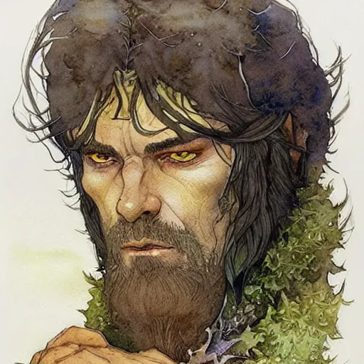 Image similar to a realistic and atmospheric watercolour fantasy character concept art portrait of ian mc kellen as a druidic warrior wizard looking at the camera with an intelligent gaze by rebecca guay, michael kaluta, charles vess and jean moebius giraud