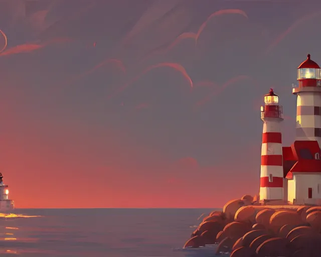 Prompt: painting of lighthouse in the sea by goro fujita, makoto shinkai, simon stalenhag, cinematic shot, exquisite lighting, clear focus, brush stroke, plain background, soft painting