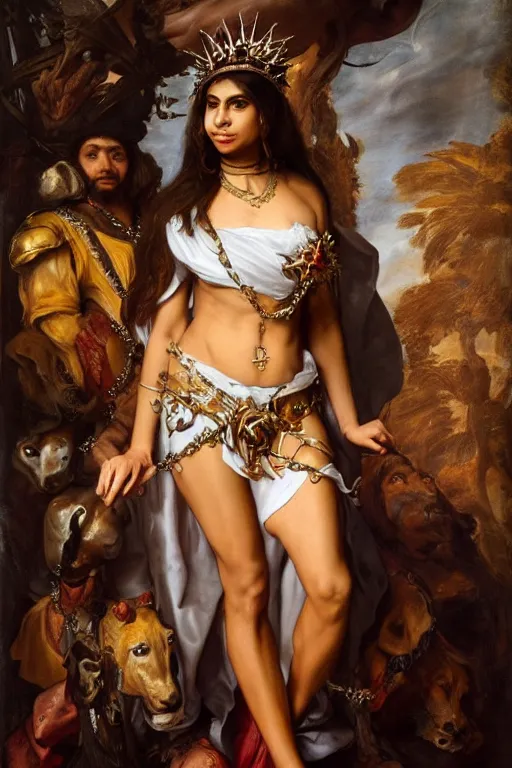 Prompt: Gorgeous full-body renaissance portrait of Mia Khalifa as a queen of fantasy kingdom with Crown of thorns on his head, front view, gold, artstation, very beautiful, luxurious, impressive, soft light, by Anthony van Dyck and Daniel Gerhartz