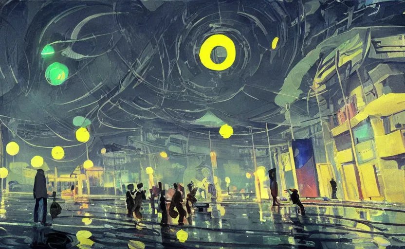 Image similar to people with posters and a huge spiral - shaped white luminous attractor is floating on the horizon near chinese street, concept art, art for the game, professional lighting, by henri matisse