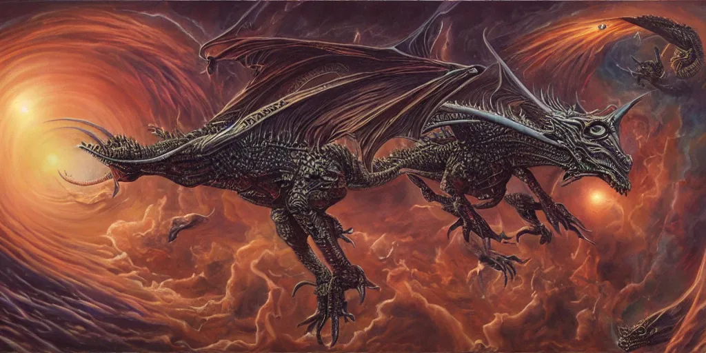 Image similar to an alien dragon flying through outer space by dan seagrave art