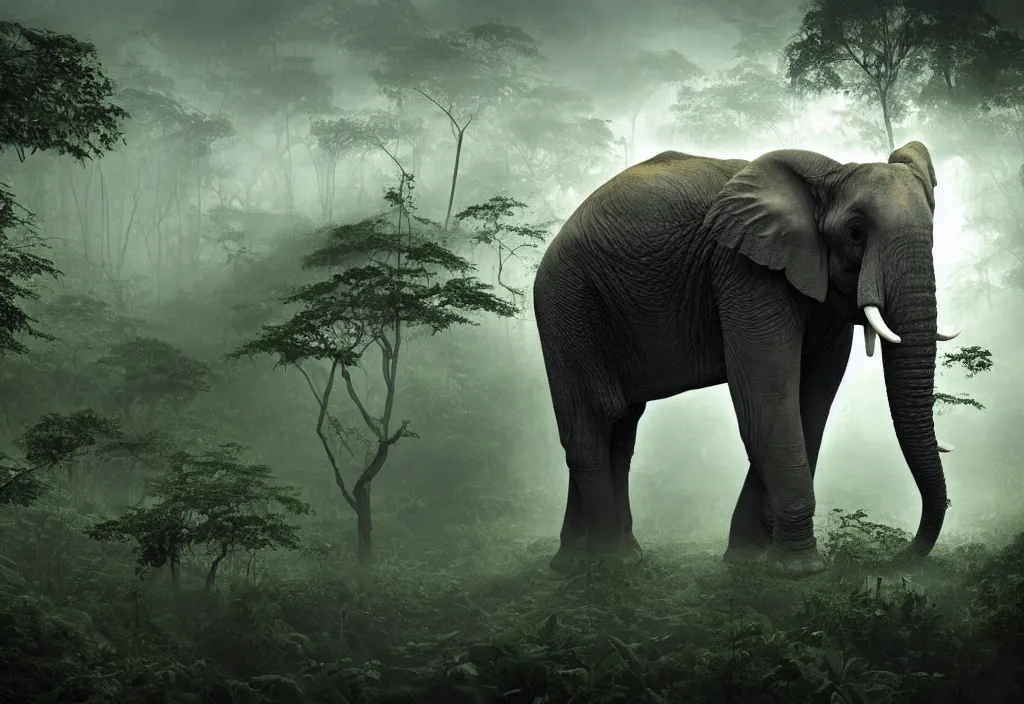 Image similar to an enormous alien elephant king, in a jungle with ominous light from above, ambient light, fog, river, very poetic