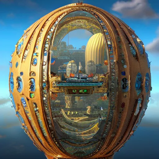 Prompt: enormous flying city in a gigantic faberge egg, sky, steampunk, floating islands, fantasy art, unreal engine,