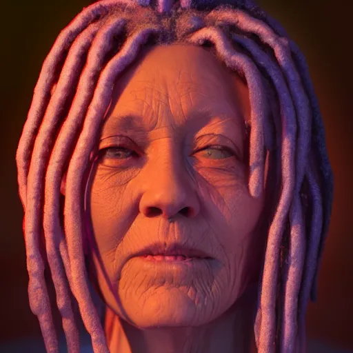 Image similar to old woman with long dreadlocks in rainbow colors __trending artstation, ambient lighting, orange halo __ neon artifacts __ 3D render by Andrei Riabovi
