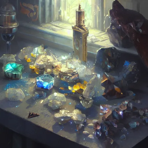 Prompt: crystals, still life, anime, intricate oil painting by greg rutkowski, trending on artstation