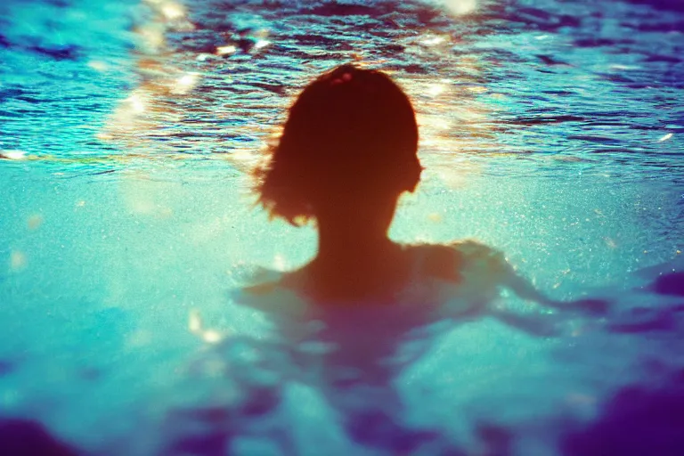 Image similar to colored photography, close-up from behind woman swimming in ocean at night, blue light, 35mm film,