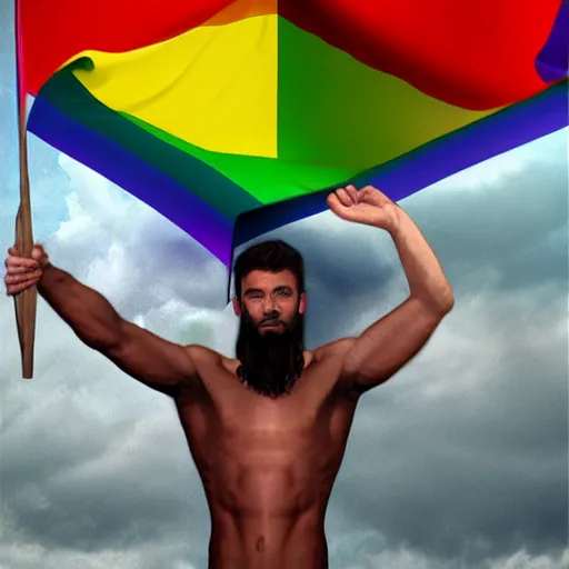 Image similar to super very gay jesus, jesus holding gay flag, jesus kissing a man, realistic gay jesus, 4 k, trending on artstation, beautiful, gay, gay pride, jesus, christian, studio lighting