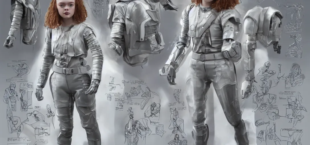 Image similar to character sheet concept art of sadie sink from stranger things in a skintight white cyber - armor, realistic, hyperrealistic, photographic, costume, wlop, dan mumford, greg rutkowski, high detail, octane render, alexander mcqueen, james gurney, james jean, mucha, photo, 8 k, intricate