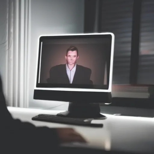 Prompt: During the night, man alone in black suit on computer illuminated only by the light of the computer screen, dark