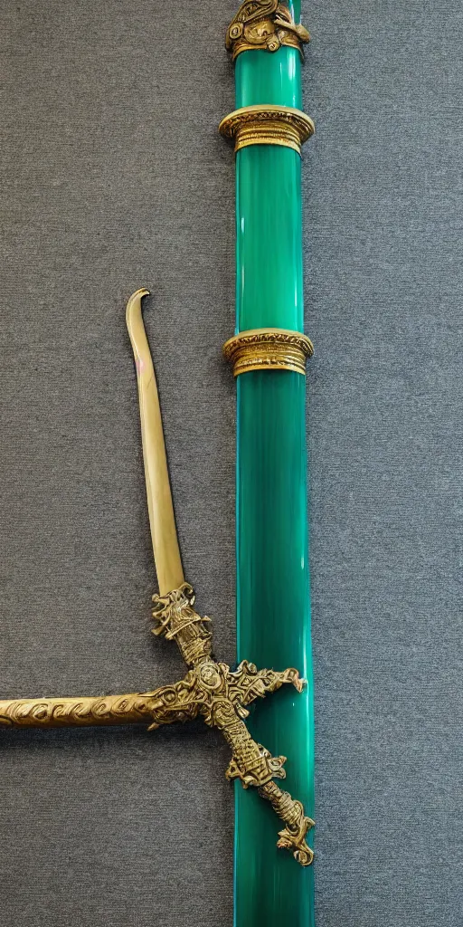 Image similar to photograph of a wide green and teal crystal sword blade attached to a big gold sword hilt