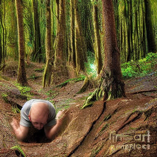 Image similar to woodland photograph of faceless demands crawling out of a hole in reality