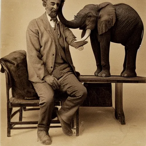 Image similar to a man on a chair with his miniature elephant on his lap