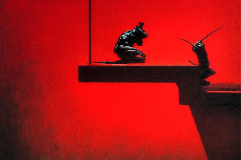 Image similar to only with red, a red samurai harakiri, tokio, a lot of frogs watch, in the style of beksinski, parts by edward hopper, parts by rodcenko, parts by yue minjun, intricate and epic composition, red by caravaggio, insanely quality, highly detailed, masterpiece, red light, artstation, 4 k