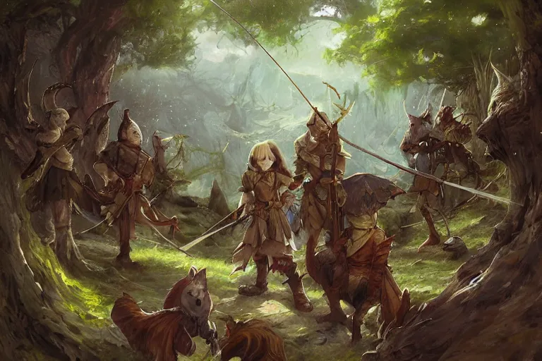 Prompt: dungeons and dragons fantasy painting, mice ranger archers emerge from the forest, longbows, hooded cloaks, whimsical and cute, determined expressions, watery eyes, anime inspired by krenz cushart, brown fur, tufty whiskers, feathered arrows, bamboo forest river shore, dawn lighting, by brian froud jessica rossier and greg rutkowski