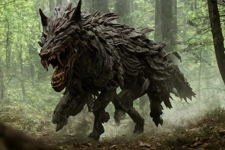 Prompt: vfx movie closeup detailed ancient armored warrior orc hunting riding large wolf in the forest, natural lighting by emmanuel lubezki