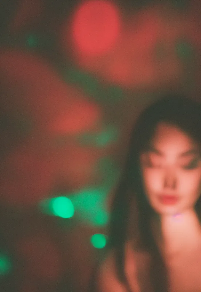 Image similar to photograph of a beautiful woman illuminated by red and green light , night , 85 mm f1.4