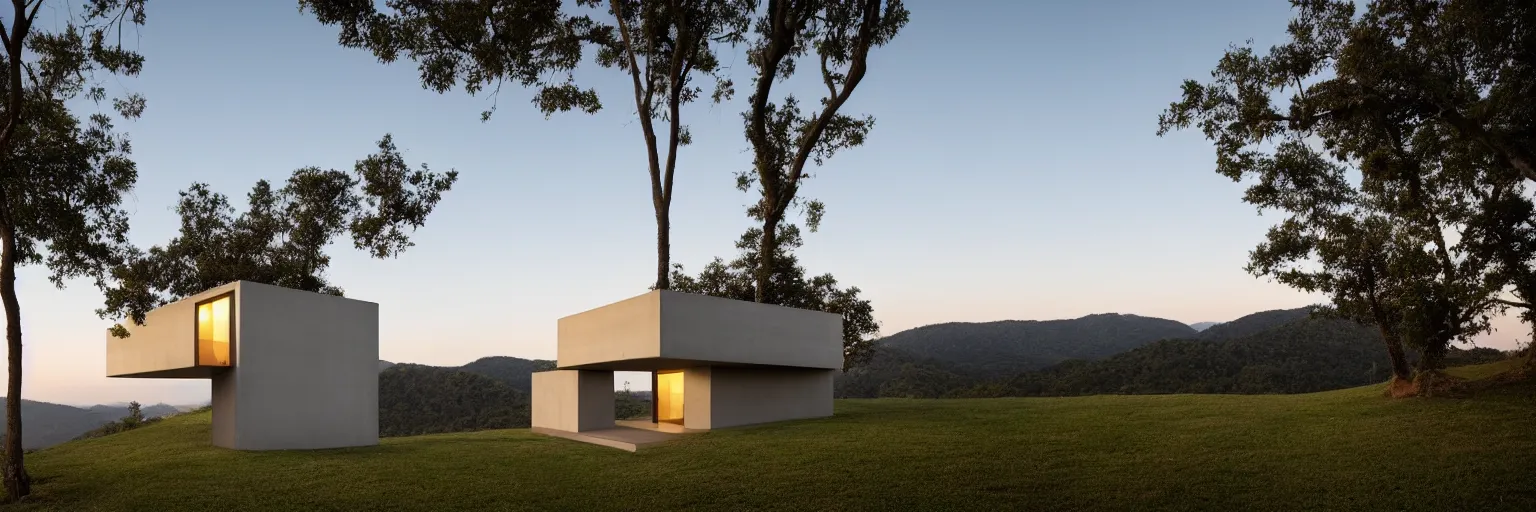 Image similar to a far away photoreal exterior shot of a minimalistic concrete pavillion house on a hill overlooking the hills at golden hour designed by marcio kogan, photographed by saul leiter, 8 k resolution