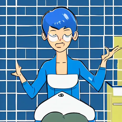 Image similar to short blue haired woman, sitting in tile bathroom, american pop animation style