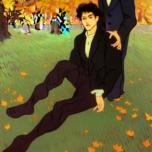 Image similar to painting of young cute handsome beautiful dark medium wavy hair man in his 2 0 s named shadow taehyung and cute handsome beautiful min - jun together at the graveyard party, ghostly, haunted gravestones, ghosts, autumn! colors, elegant, wearing suits!, clothes!, stylish, delicate facial features, art by alphonse mucha, vincent van gogh, egon schiele