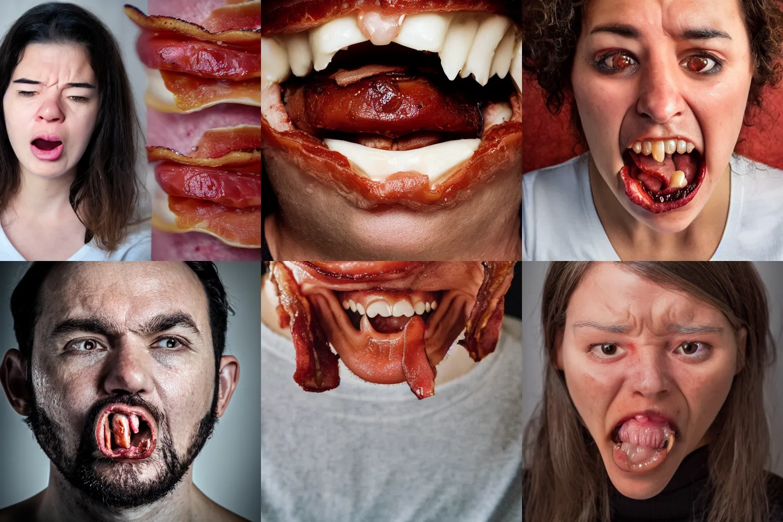 Prompt: closeup headshot photo of the person who hates bacon and is eating bacon angrily, face details