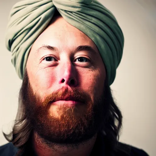 Image similar to a portrait elon musk wearing a long beard and a turban joining the taliban, fine details, close up, 8 k photography, depth of field, bokeh. i