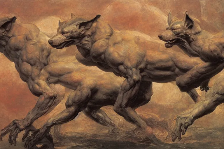 Image similar to hyperdetailed matte art of cerberus by william blake, ilya repin, amano, rene magritte, craig mullins, three headed dog, details