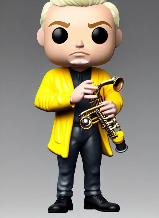 Image similar to full body 3d render of blond futuristic man playing sax as a funko pop!, studio lighting, grey background, single body, no shadow, blender, trending on artstation, 8k, highly detailed