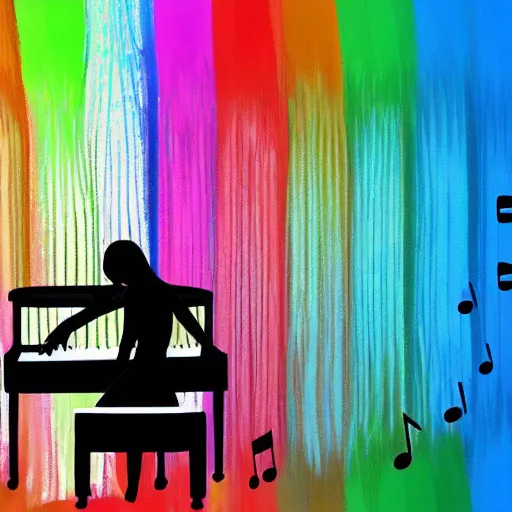 Image similar to teenager playing piano music art colorful notes moving dinamic fuzzy cool brush strokes stains lines colors