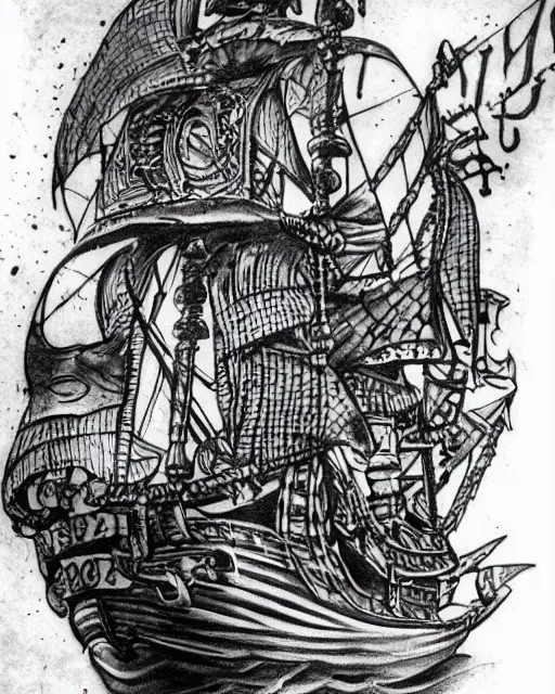 Prompt: A tattoo design on paper of a pirate ship, on paper, black and white, highly detailed tattoo, realistic tattoo, by nik lucas