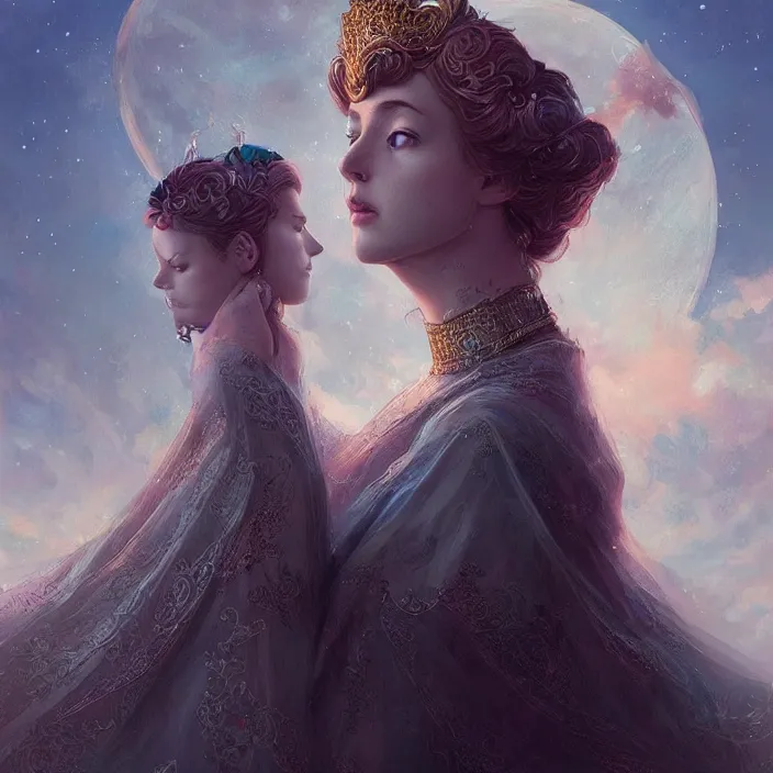 Prompt: a beautiful digital painting of a princess, princess, the moon behind her, intricate, cinematic lighting, highly detailed, digital painting, concept art, smooth, sharp focus, illustration, art by tom bagshaw, artgerm and greg rutkowski