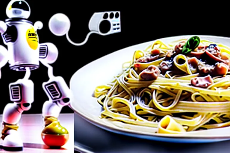 Prompt: carbonara noodles, space, food, robot eating pasta