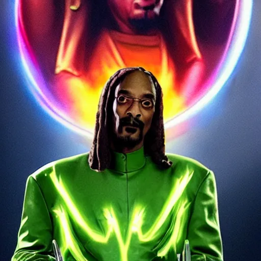 Image similar to Snoop Dogg starring as a futuristic Marvel Super Hero holding green fire for a 2022 Marvel Movie poster, epic