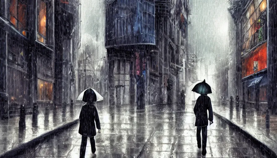 Prompt: detailed anime art. hooded boy holding an umbrella, walking through a ( rainy ) street. ( ruined ) buildings in the background. ( cinematic detailing ) ( anime art )