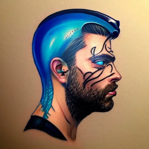 Image similar to a profile photo of a man with underwater helmet with tattoos on arm and neck, side profile in underwater, highly detailed, digital painting, artstation, illustration by Sandra Chevrier