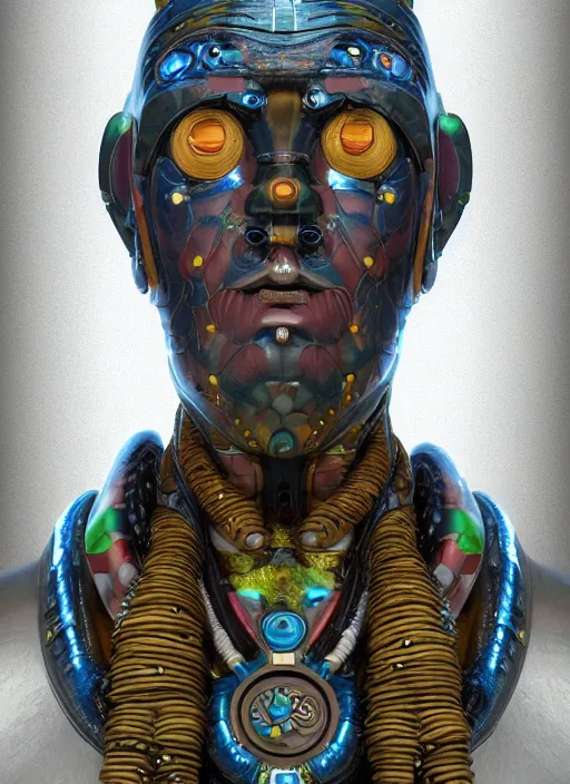 Image similar to portrait of a shaman robot, full colour, the akashic records of literary dreams as decoration, full colour, 3 d shaded, sam wolfe, zbrush central,