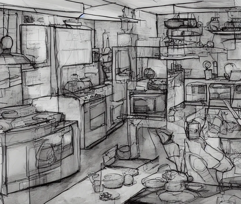 Prompt: An of interior of a kitchen at night, rotoscoped, rotoscope, photoshop, photomanipulation, realism, painting, illustration and sketch, weird scribbles, hybrid styles, hybrid art styles, mismatched, trending on artstation, trending on deviantart, weird, quirky, interesting, very detailed, highly detailed, HD Quality, 4k resolution, 8k resolution, in the style of David Firth, in the style of James Lee, in the style of Drue Langlois,