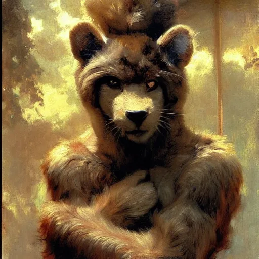 Image similar to a portrait of an very furry human with an anima's head in the pool, furry body, furry arms, furry legs, furry tail. highly detailed painting by gaston bussiere, craig mullins, j. c. leyendecker, furry