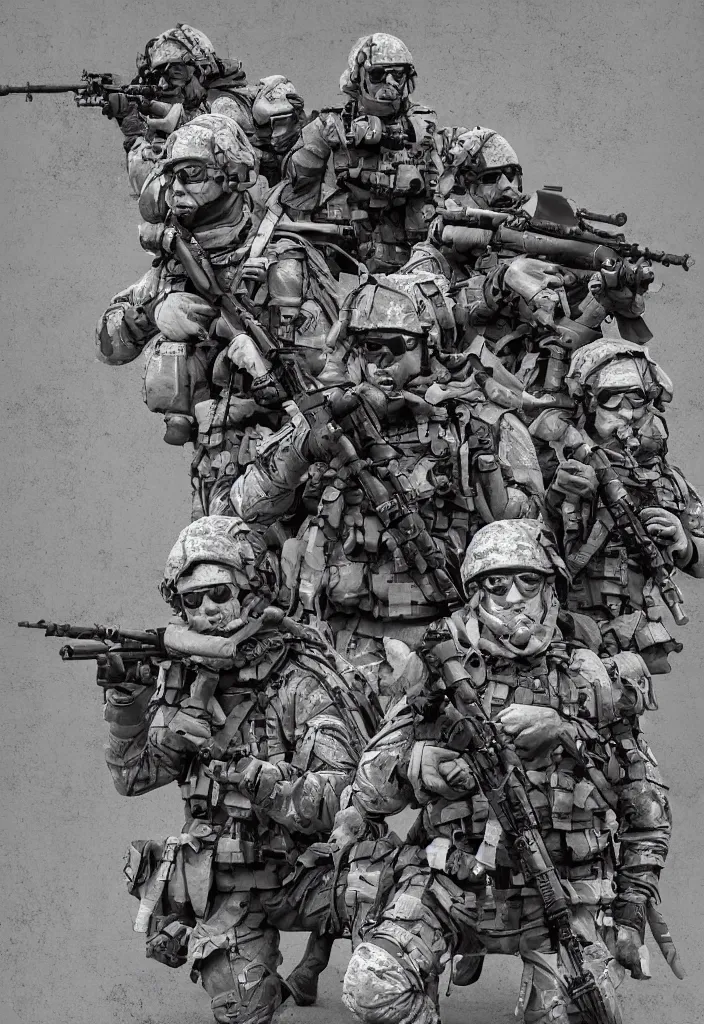 Image similar to Navy SEALs posing after a successful mission, weapons dangling, digital art