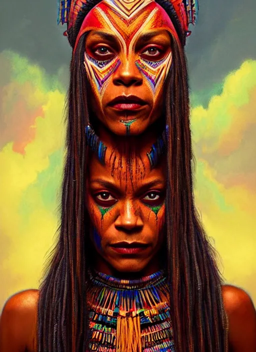 Image similar to portrait of zoe saldana, hyper detailed ultra sharp aztec shaman warrior. trending on artstation, warpaint aesthetic, bloodwave, colorful, psychedelic, ornate, intricate, digital painting, concept art, smooth, sharp focus, illustration, art by artgerm and greg rutkowski and h. r. giger, 8 k