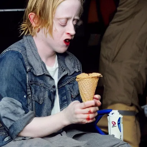 Image similar to macaulay culkin in a wheelchair, eating ice cream, crying