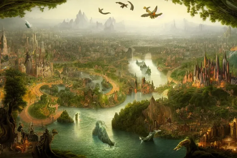 Image similar to a fantastic complex detailed matte painting of a magical city with many fanciful creatures by Heironymous Bosch