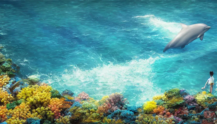 Image similar to craig mullins and ghibli digital illustration of, a dolphin in the blue dotted water, modern beach ， many umbrellas, white waves ， yellow gravel corals and schools of fish unreal engine, hyper realism, realistic shading, cinematic composition, realistic render, octane render, detailed textures, photorealistic, wide shot