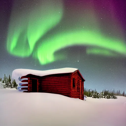 Image similar to a cabin on a hill, snowstorm, winter, smoke rising from the pipe, aurora borealis, alaska, by alex andreev, landscape, high contrast, digital, complementary colors