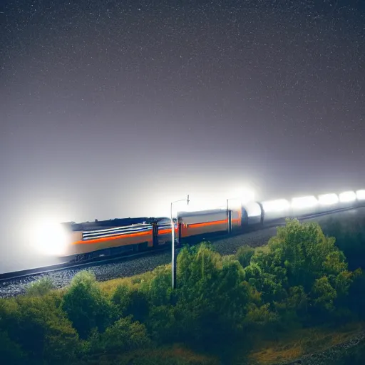 Prompt: a train racing through a foggy valley at night