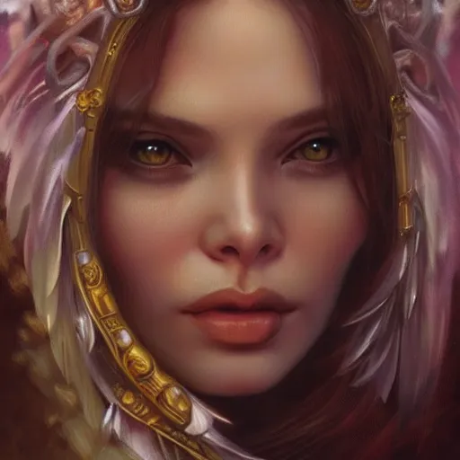 Image similar to beautiful young ornella muti, closeup, d & d, fantasy, intricate, elegant, highly detailed, digital painting, artstation, sharp focus, fantasy art, beautiful, illustration, art by artgerm and greg rutkowski and alphonse mucha